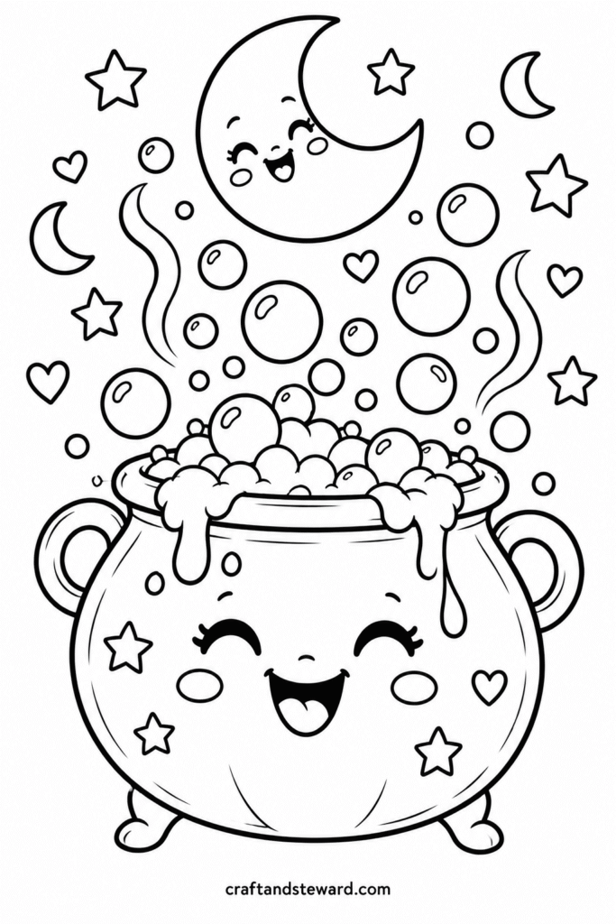 Bubbling Magic Cauldron Under the Moon