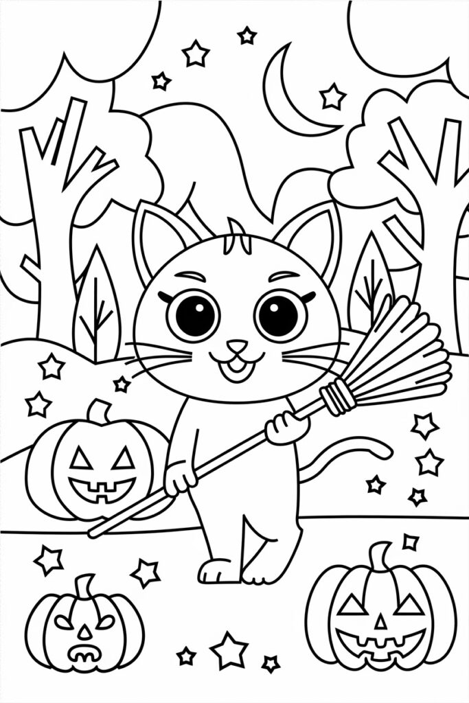 Cat with a Halloween Witch's Broom