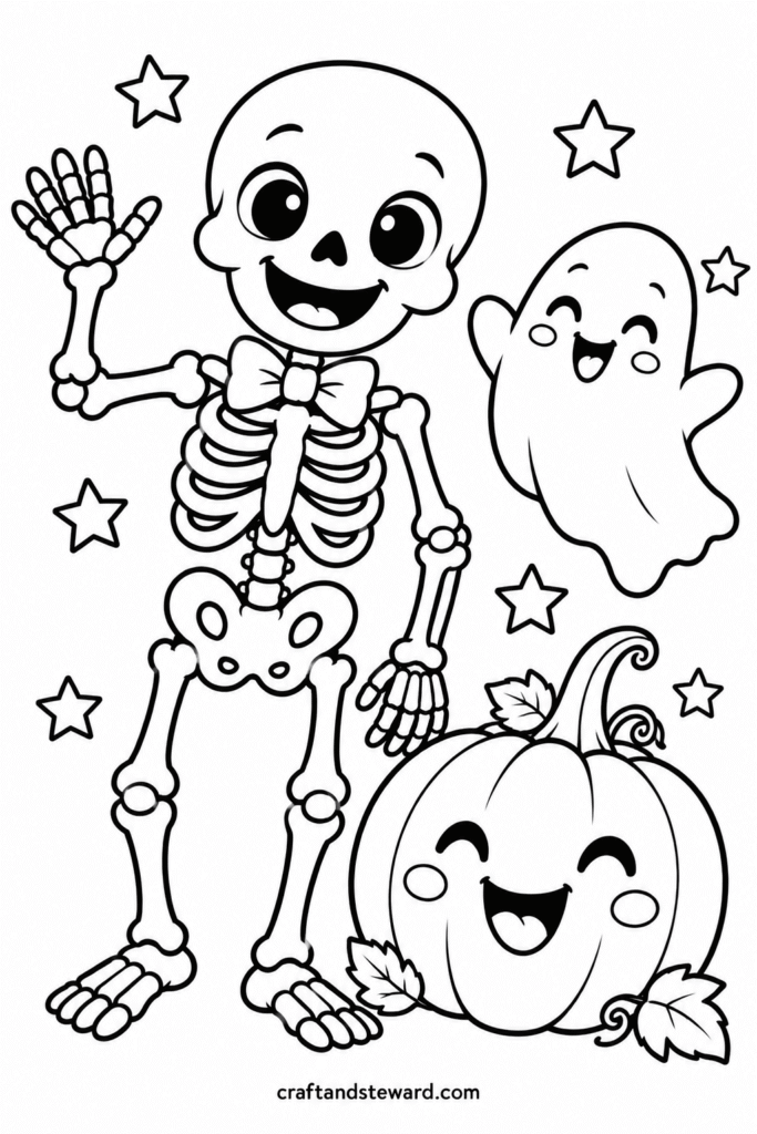 Cheerful Skeleton With a Pumpkin and Ghost
