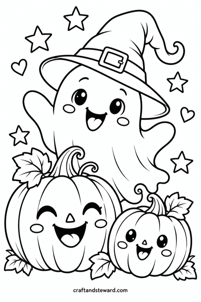 Cute Ghost With Happy Pumpkins