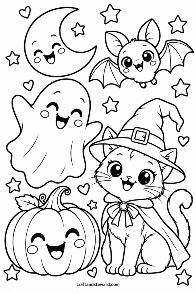 Cute Halloween Crew With a Ghost, Bat, Cat, and Pumpkin