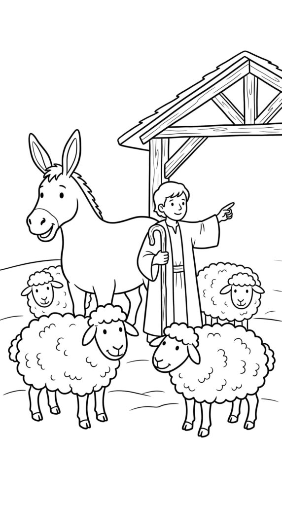 Donkey with Shepherd and Sheep at Nativity