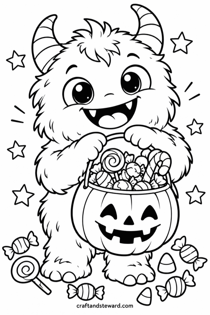 Friendly Halloween Monster With a Candy Bucket