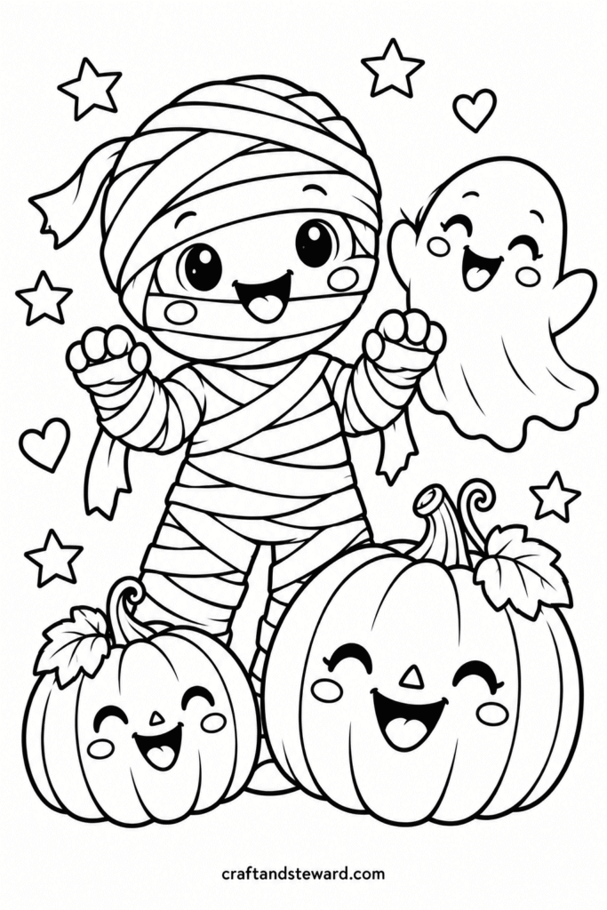 Happy Mummy With Two Pumpkins and a Ghost