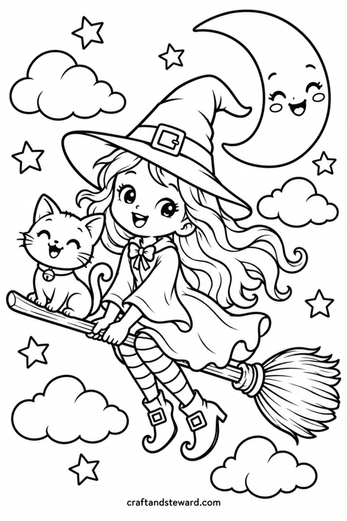 Little Witch Flying With Her Cat