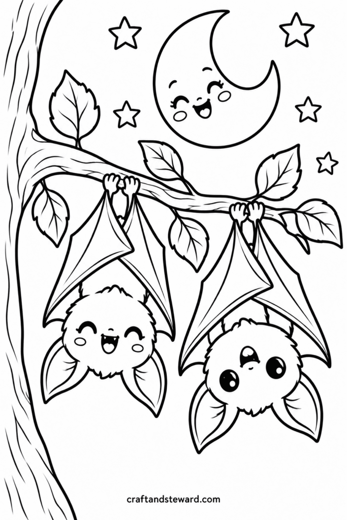 Two Cute Bats Hanging Under the Moon