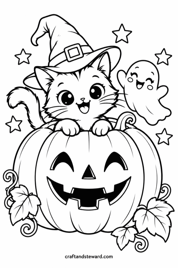 Witch Cat Peeking From a Jack-o'-Lantern